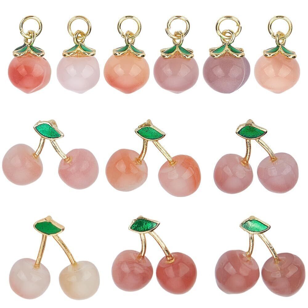 3787 12Pcs 2 Styles Natural Agate Peach and Cherry Pendants Enamel Fruits